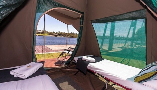 Deluxe Waterfront Camping Package (all linen, quilts, towels and bedding provided for 2 persons) 